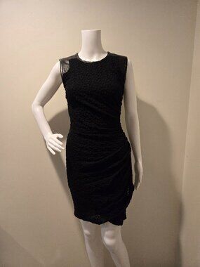 Sea New York Lamb Leather Floral Lace Ruched Bodycon Dress Black 2